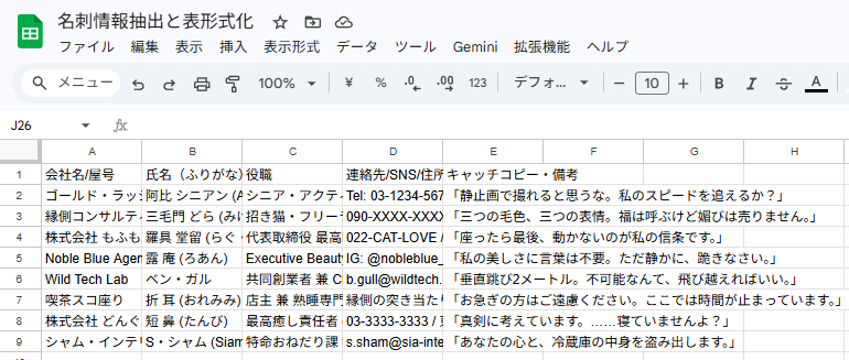出力されたGoogleスプレッドシート